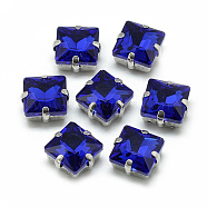Sew on Rhinestone, Multi-strand Links, Glass Rhinestone, with Brass Prong Settings, Garments Accessories, Faceted, Square, Platinum, Royal Blue, 8x8x5.5mm, Hole: 0.8~1mm(RGLA-T037-8x8mm-11)