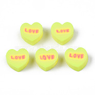 Handmade Polymer Clay Beads, Heart with Word Love, Green Yellow, 8~8.5x9~9.5x4.5mm, Hole: 1.8mm(CLAY-N008-032H)
