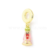 Brass Enamel Virgin European Dangle Charms, Large Hole Pendants, Real 18K Gold Plated, Long-Lasting Plated, Cadmium Free & Lead Free, Rack Plating, Pink, 25mm, Hole: 4.4mm(KK-Z101-03G-01)