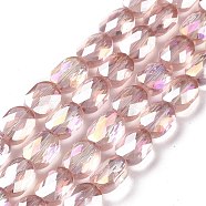 Faceted Electroplated Transparent Glass Beads Strands, AB Color Plated, Oval, Pink, 10.5x8x5mm, Hole: 1.5mm, about 58~60pcs/strand, 25.59 inch(65cm)(GLAA-G092-B01)