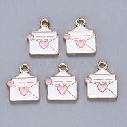 Alloy Enamel Pendants, Envelope with heart, Light Gold, Pearl Pink, 16x13x1.5mm, Hole: 1.8mm(ENAM-N054-033)