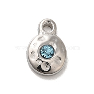 304 Stainless Steel Glass Pendants, Flat Round, Stainless Steel Color, Light Blue, 9x6x2.5mm, Hole: 1.8mm(STAS-B074-02P-04)