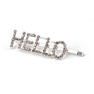 Alloy Rhinestone Hair Bobby Pins, with Iron Findings, Word HELLO, Crystal, Platinum, 61x15.5x7mm(PHAR-WH0005-A02)