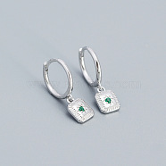 Square with Star Rhodium Plated 925 Sterling Silver Pave Green Cubic Zirconia Hoop Dangle Earrings for Women, Platinum(FL1156-6)