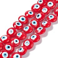 Handmade Evil Eye Lampwork Beads Strands, Flat Round, Red, 14~15.5x8mm, Hole: 1~1.4mm, about 14pcs/strand, 12.60 inch(32cm)(LAMP-G157-01E)