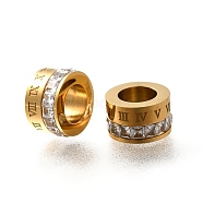 304 Stainless Steel Beads, with Clear Cubic Zirconia, Ion Plating(IP), Column, Golden, 6x10mm, Hole: 6mm(STAS-Q348-17G)