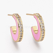 Brass Micro Pave Clear Cubic Zirconia Half Hoop Earrings, with Enamel and Ear Nuts, Long-Lasting Plated, Moon, Real 18K Gold Plated, Pearl Pink, 14x12x2.5mm, Pin: 1mm(EJEW-L231-64C)
