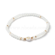 Glass Beads Stretch Bracelets, with Acrylic & Brass Beads, Flat Round with Heart Pattern, White, Inner Diameter: 2-1/4 inch(5.7cm)(BJEW-JB06576-02)