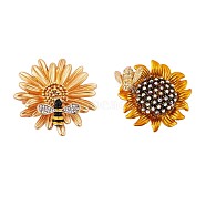 2Pcs 2 Style Sunflower and Bee Clear Cubic Zirconia Badges Pins with Enamel, Alloy Brooches for Backpack Clothes, Golden, Yellow, 30mm, 38mm, 1Pc/style(JX167A)