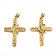 Brass Micro Pave Clear Cubic Zirconia Pendants, Long-Lasting Plated, Cross, Real 18K Gold Plated, 36x26.5x3.5mm, Hole: 3.5x5.5mm(ZIRC-J025-40G)