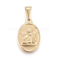 304 Stainless Steel Pendants, Oval with Angel, Golden, 22x14.5x2.5mm, Hole: 3x7mm(STAS-F252-01G)