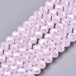Electroplate Glass Beads Strands, Imitation Jade Beads, Pearl Luster Plated, Faceted, Rondelle, Pink, 6x5mm, Hole: 1mm, about 92~94pcs/strand, 17~17.5 inch(42.5~43.75cm)(X-EGLA-A034-J6mm-A09)