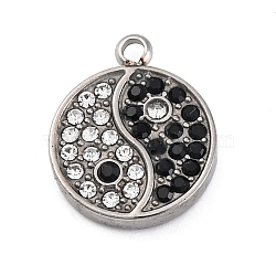 304 Stainless Steel Rhinestone Pendants, Flat Round Yin-yang, PVD Vacuum Plating, Stainless Steel Color, 16x13x2.5mm, Hole: 1.8mm(STAS-S131-21P)