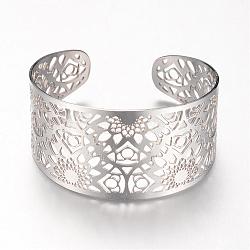 304 Stainless Steel Filigree Cuff Bangles, Wide Band Bangles, Stainless Steel Color, 2-1/4 inch(55mm)(STAS-S060-08)
