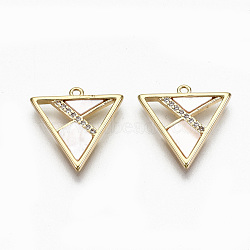 Brass Micro Pave Clear Cubic Zirconia Pendants, with Shell, Nickel Free, Real 18K Gold Plated, Triangle, Seashell Color, 15.5x15.5x1.5mm, Hole: 1mm(KK-R117-003-NF)