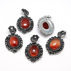 Natural Carnelian Gothic Pendants, with Antique Silver Plated Zinc Alloy Rhinestone Findings, Oval, Lead Free & Nickel Free, Total Length: 47~48.5mm, Hole: 5x7mm, Oval Pendant: 39~40x27~27.5x7.5~9mm(X-G-F228-18F-FF)