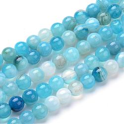 Natural Striped Agate/Banded Agate Bead Strands, Dyed, Round, Deep Sky Blue, 6mm, Hole: 1mm, about 70pcs/strand, 15.7 inch(G-R412-20-6mm)