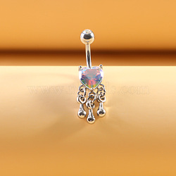 316L Surgical Stainless Steel Colorful Cubic Zirconia Heart Curved Barbell Dangle Belly Rings, Stainless Steel Color, Heart, 10mm, Pin: 1.6mm(WG4CABC-04)