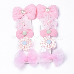 5 Pair 5 Style Bowknot & Flower Polyester Alligator Hair Clips, Iron Hair Accessories, Pink, 65x44x19mm, 1 Pair/style(PHAR-C012-01A)