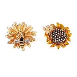 2Pcs 2 Style Sunflower and Bee Clear Cubic Zirconia Badges Pins with Enamel, Alloy Brooches for Backpack Clothes, Golden, Yellow, 30mm, 38mm, 1Pc/style(JX167A)