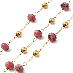 304 Stainless Steel Handmade Beaded Chains, with Dyed White Jades, with Spool, Unwelded, Real 18K Gold Plated, Camellia, 3~4.5x3~3.5mm, about 32.81 Feet(10m)/Roll(CHS-P017-A01-G)