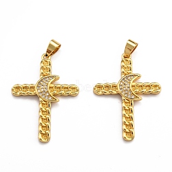 Brass Micro Pave Clear Cubic Zirconia Pendants, Long-Lasting Plated, Cross, Real 18K Gold Plated, 36x26.5x3.5mm, Hole: 3.5x5.5mm(ZIRC-J025-40G)