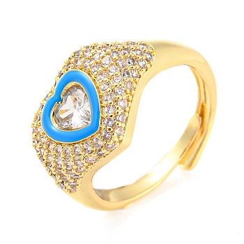Enamel Heart Adjustable Ring with Clear Cubic Zirconia, Real 18K Gold Plated Brass Ring, Lead Free & Cadmium Free, Deep Sky Blue, Inner Diameter: 17.6mm