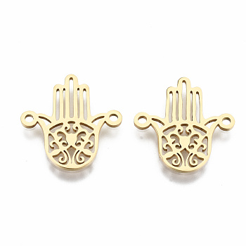 201 Stainless Steel Links Connectors, Laser Cut, for Religion, Hamsa Hand/Hand of Fatima/Hand of Miriam, Golden, 18.5x18x1mm, Hole: 1.4mm