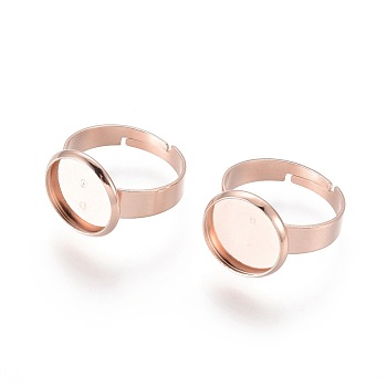 Adjustable 201 Stainless Steel Finger Rings Components, Pad Ring Base Findings, Flat Round, Rose Gold, Size 7, 17~17.5mm, Tray: 12mm