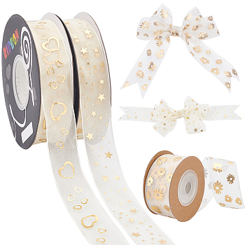 3 Rolls 3 Styles Sparkle Polyester Mesh Ribbon, Gold Stamping Mixed Patterns, White, 1-1/8 inch(27mm), about 10 yards/roll