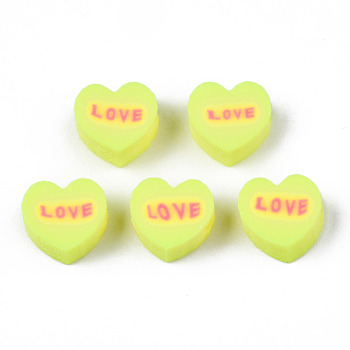 Handmade Polymer Clay Beads, Heart with Word Love, Green Yellow, 8~8.5x9~9.5x4.5mm, Hole: 1.8mm