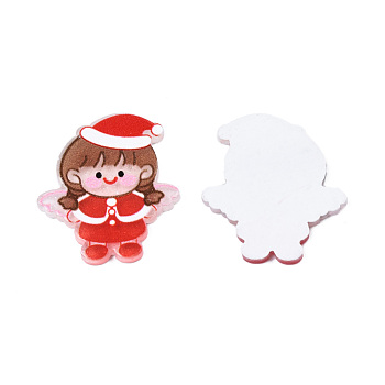 Printed Acrylic Cabochons, with Glitter Powder, Christmas Style, Angel, Red, 25x21.5x2mm