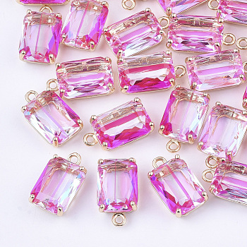 Transparent Glass Pendants, with Brass Findings, Faceted, Rectangle, AB Color Plated, Light Gold, Deep Pink, 17.5x10x6.5mm, Hole: 1.6mm