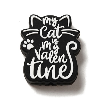 Cat with Word My Cat is My Valentine Silicone Focal Beads, DIY Nursing Necklaces Making, Black, 30x25x8mm, Hole: 2mm