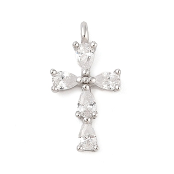 925 Sterling Silver Clear Cubic Zirconia Charms, Cross, Rhodium Plated, Platinum, 14.5x7.5x3mm, Hole: 1.4mm