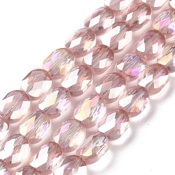 Faceted Electroplated Transparent Glass Beads Strands, AB Color Plated, Oval, Pink, 10.5x8x5mm, Hole: 1.5mm, about 58~60pcs/strand, 25.59 inch(65cm)