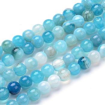 Natural Striped Agate/Banded Agate Bead Strands, Dyed, Round, Deep Sky Blue, 6mm, Hole: 1mm, about 70pcs/strand, 15.7 inch