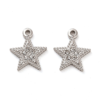 304 Stainless Steel Pendants, with Rhinestone, Star Charms, Stainless Steel Color, 15x13x2.5mm, Hole: 1.6mm