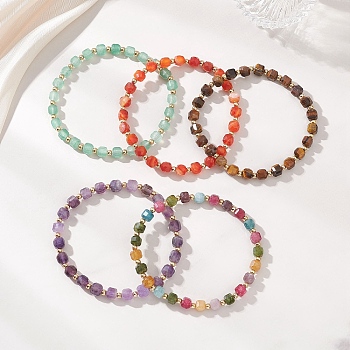Natural Gemstone Cube & Stainless Steel Beads Stretch Bracelets for Women, Mixed Color, Beads: 5.5x5.5x5.5mm, Inner Diameter: 2.09 inch(5.3cm)