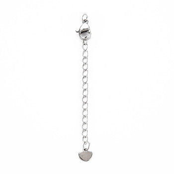 304 Stainless Steel Chain Extender, Cadmium Free & Nickel Free & Lead Free, with Clasps and Tiny Heart Charm, Stainless Steel Color, 70mm, Hole: 2.5mm