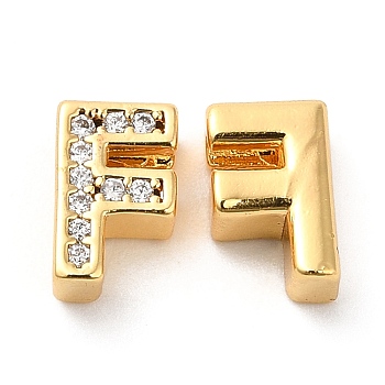 Brass Micro Pave Cubic Zirconia Beads, Real 18K Gold Plated, Letter F, 8x5x3.5mm, Hole: 1.2mm