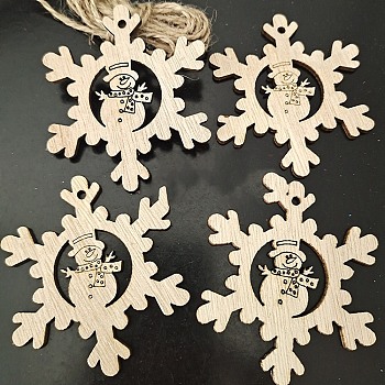 Unfinished Wood Pendant Decorations, with Hemp Rope, for Christmas Ornaments, Snowflake, 7.3x6.7x0.25cm, 10pcs/bag
