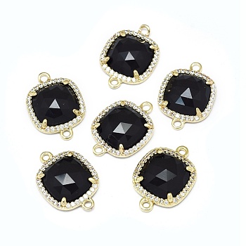 Synthetic Black Stone Links connectors, with Golden Tone Brass Findings and Cubic Zirconia, Faceted, Square, Clear, 18.5~19x13.5x4.5mm, Hole: 1.6mm