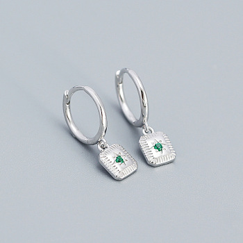 Square with Star Rhodium Plated 925 Sterling Silver Pave Green Cubic Zirconia Hoop Dangle Earrings for Women, Platinum