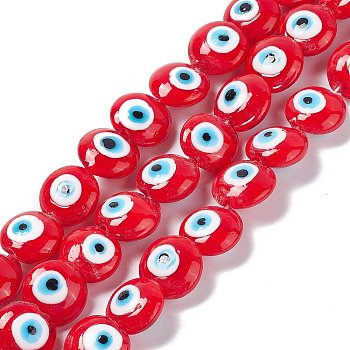 Handmade Evil Eye Lampwork Beads Strands, Flat Round, Red, 14~15.5x8mm, Hole: 1~1.4mm, about 14pcs/strand, 12.60 inch(32cm)