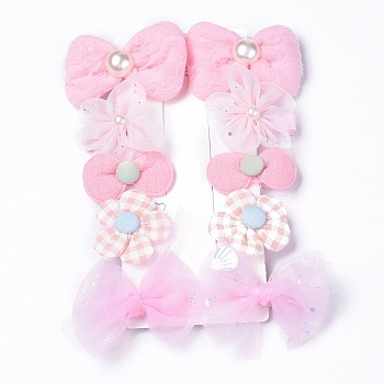 5 Pair 5 Style Bowknot & Flower Polyester Alligator Hair Clips, Iron Hair Accessories, Pink, 65x44x19mm, 1 Pair/style