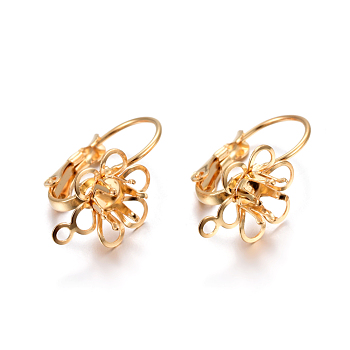 304 Stainless Steel Leverback Earring Findings, with Loop, Flower, Golden, Tray: 4mm, 22x10.5x14.5mm, Hole: 1.5mm, Pin: 0.7mm