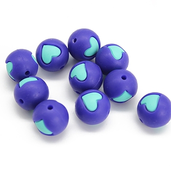 Round with Heart Pattern Food Grade Silicone Beads, Chewing Beads For Teethers, DIY Nursing Necklaces Making, Blue, 15mm