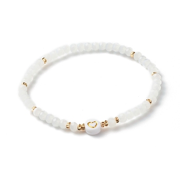 Glass Beads Stretch Bracelets, with Acrylic & Brass Beads, Flat Round with Heart Pattern, White, Inner Diameter: 2-1/4 inch(5.7cm)