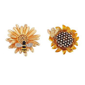2Pcs 2 Style Sunflower and Bee Clear Cubic Zirconia Badges Pins with Enamel, Alloy Brooches for Backpack Clothes, Golden, Yellow, 30mm, 38mm, 1Pc/style